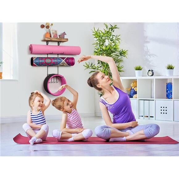 Yoga Mat Holder Wall Mount Yoga Mat Storage Home Gym Accessories with Wood Shelf - Picture 2 of 7